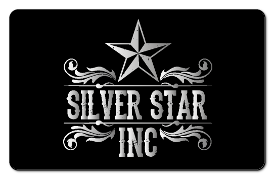 silver star, silver text logo on a black background